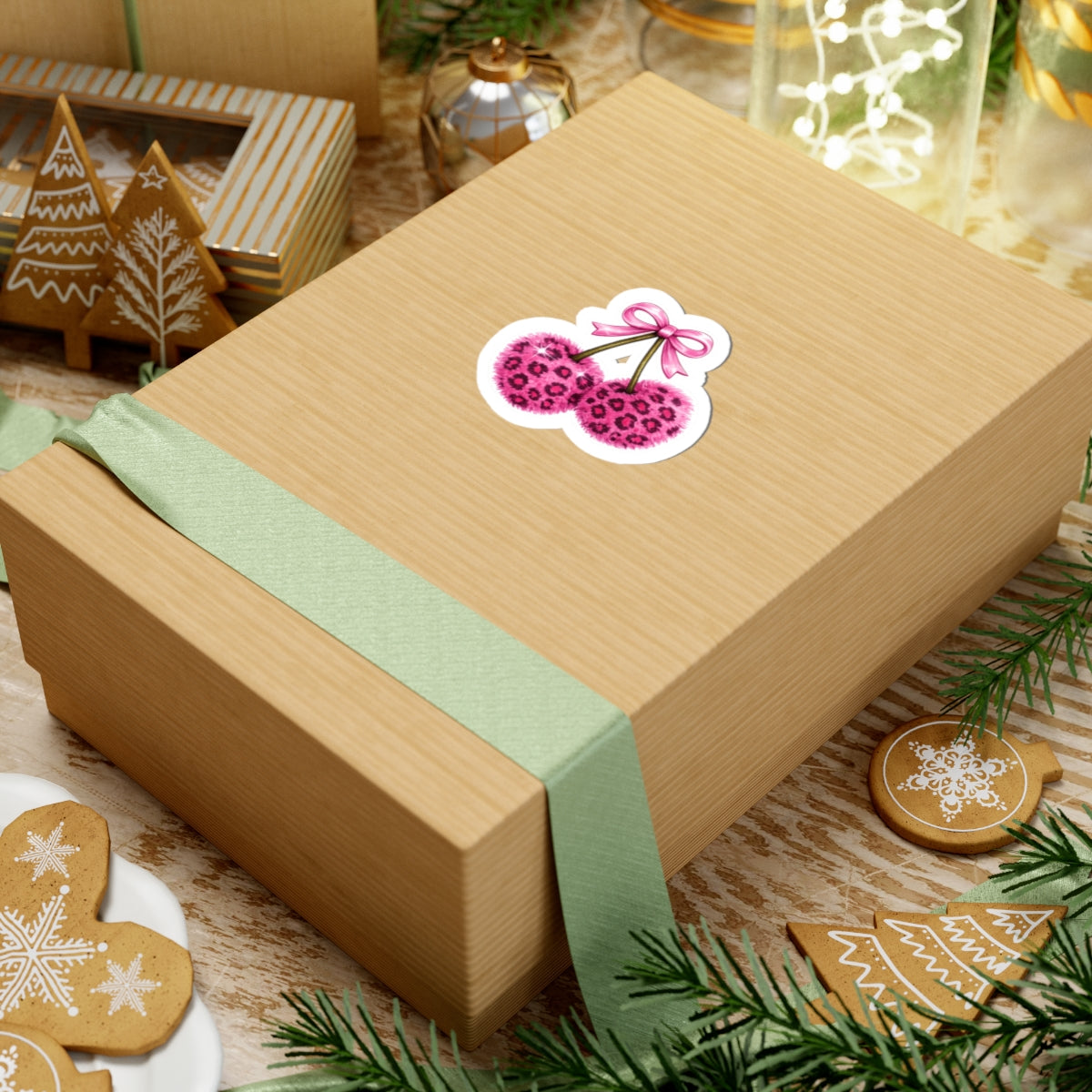 Pink Leopard Fuzzy Cherry Sticker — Cute Kiss-Cut Laptop Decal