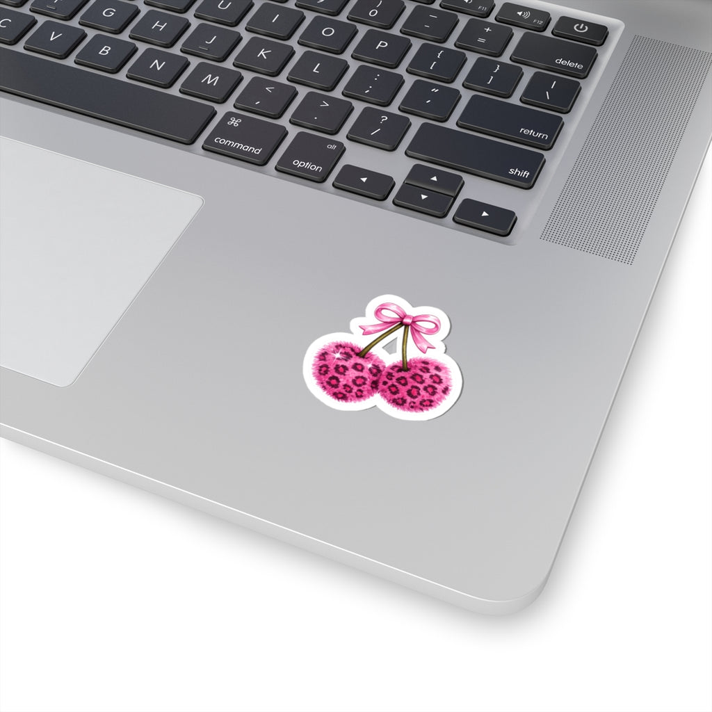 Pink Leopard Fuzzy Cherry Sticker — Cute Kiss-Cut Laptop Decal