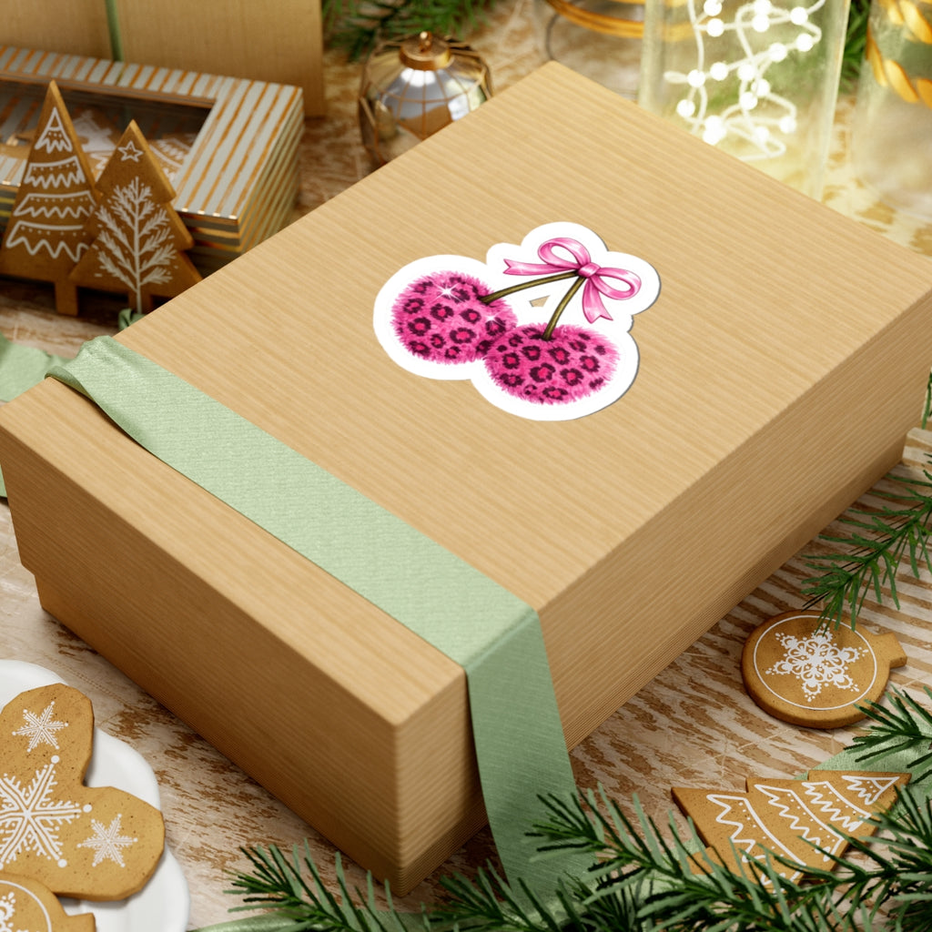 Pink Leopard Fuzzy Cherry Sticker — Cute Kiss-Cut Laptop Decal