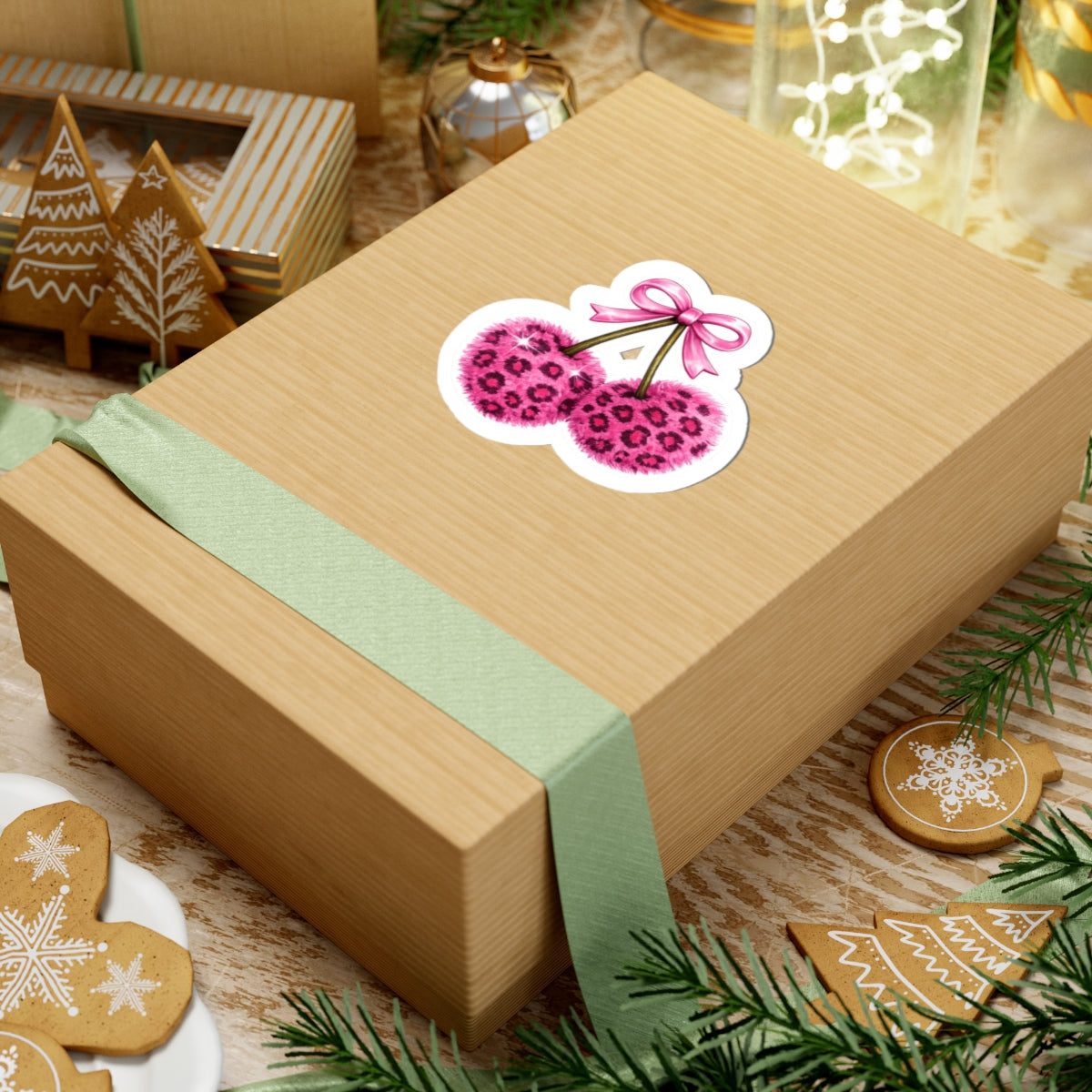 Pink Leopard Fuzzy Cherry Sticker — Cute Kiss-Cut Laptop Decal