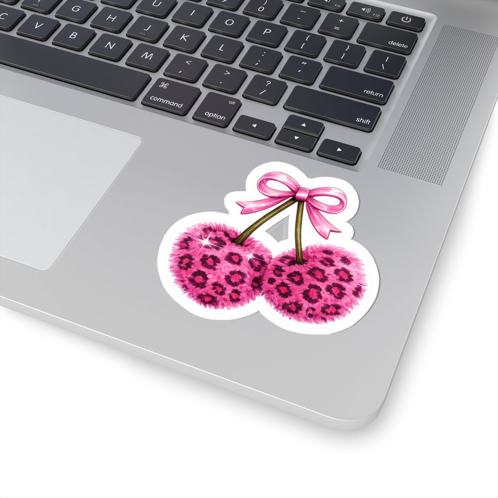Pink Leopard Fuzzy Cherry Sticker — Cute Kiss-Cut Laptop Decal