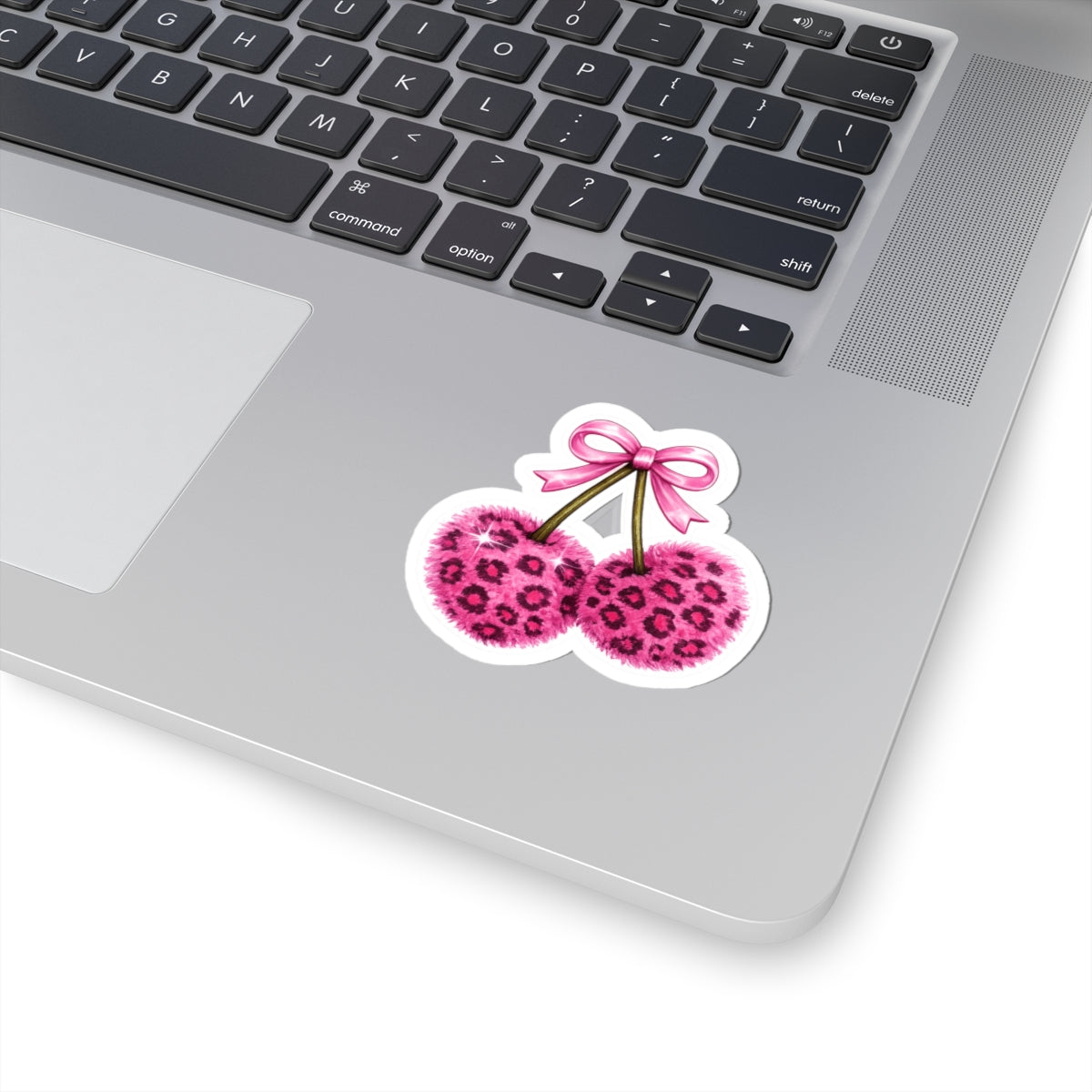 Pink Leopard Fuzzy Cherry Sticker — Cute Kiss-Cut Laptop Decal