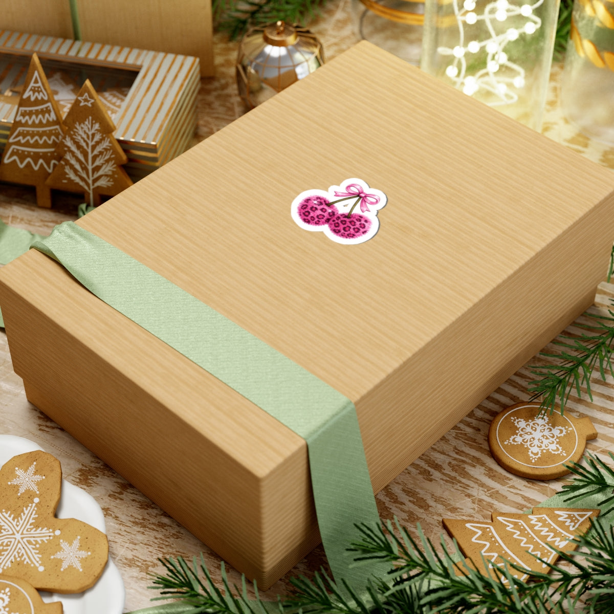 Pink Leopard Fuzzy Cherry Sticker — Cute Kiss-Cut Laptop Decal