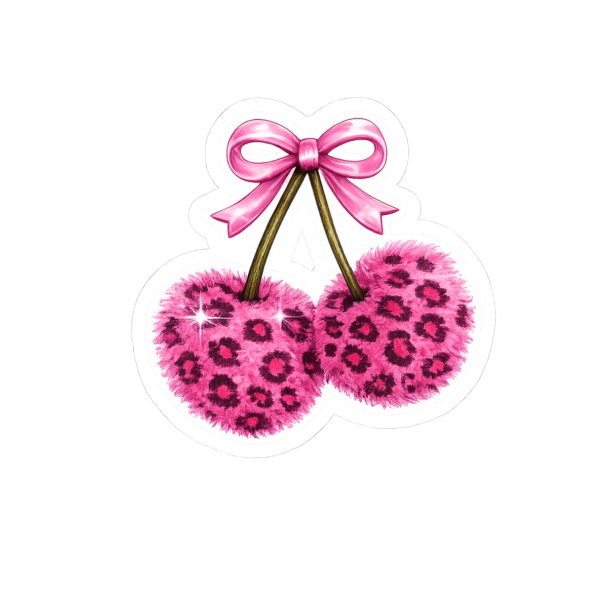 Pink Leopard Fuzzy Cherry Sticker — Cute Kiss-Cut Laptop Decal